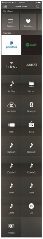 LEFT: a full scroll of the MusicCast app, showing the R-N803 D’s input options.