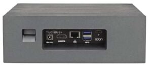 The power switch at left lies in a recess with led downlight to indicate on status; Nucleus+ is designed to be left on. Power consumption is rated as 65W maximum. Flash storage must be inserted at rear; there is no front panel alternative.