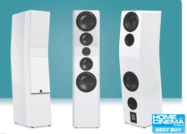 The SVS Ultra Evolution Pinnacle front view has five front-facing drivers, which can be hidden by angled grilles, plus two rear woofers