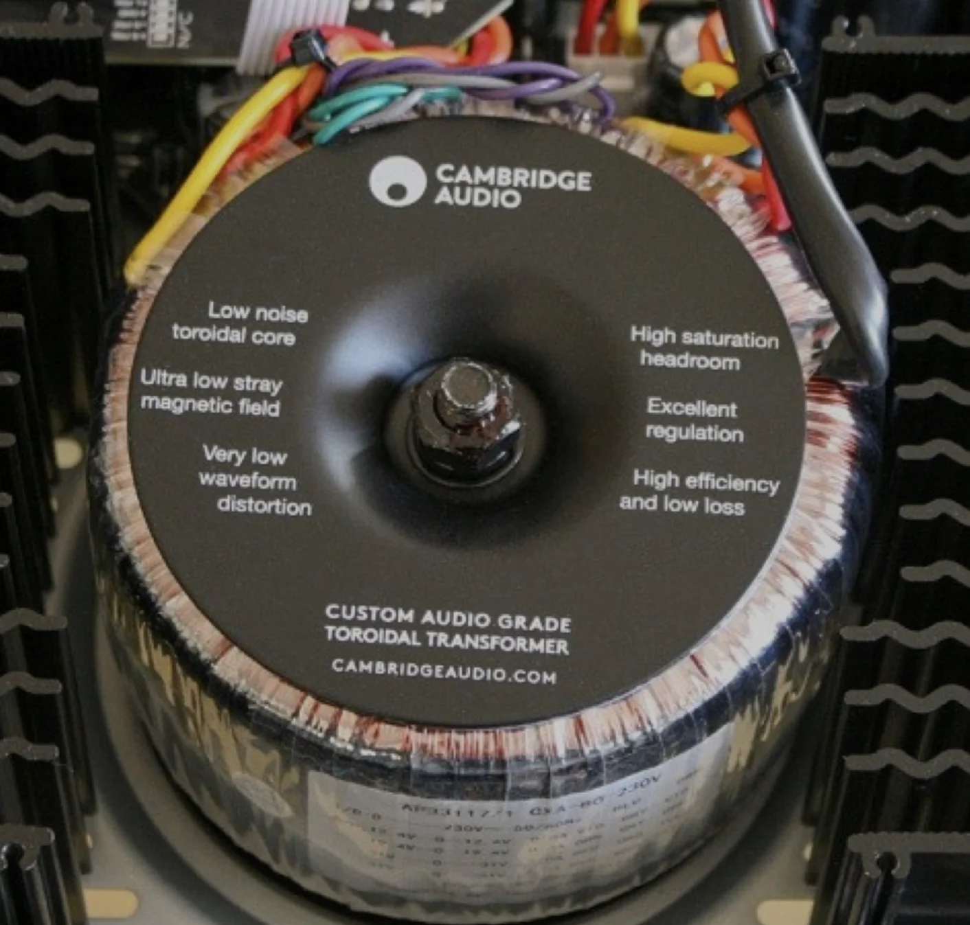 A relatively oversized toroidal transformer provides the Cambridge with ample power