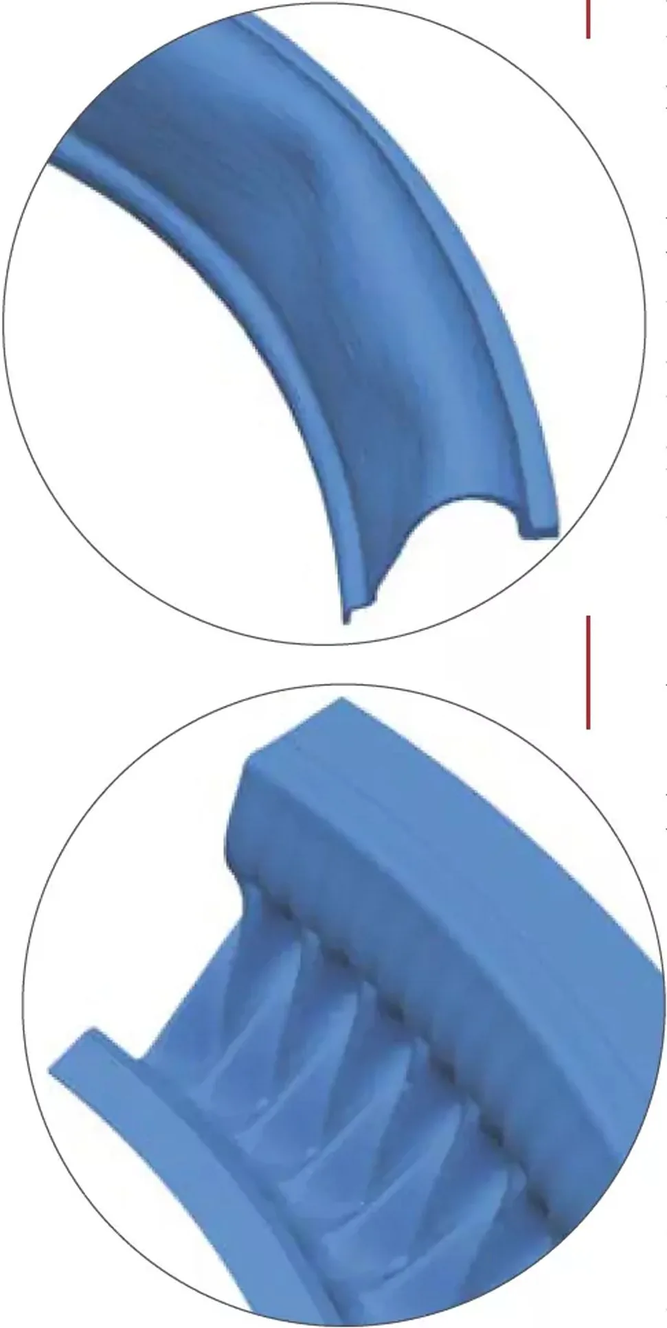 ORIGAMI These illustrations compare a typical semicircular surround to KEF’s new P-Flex surround under intense internal pressure.