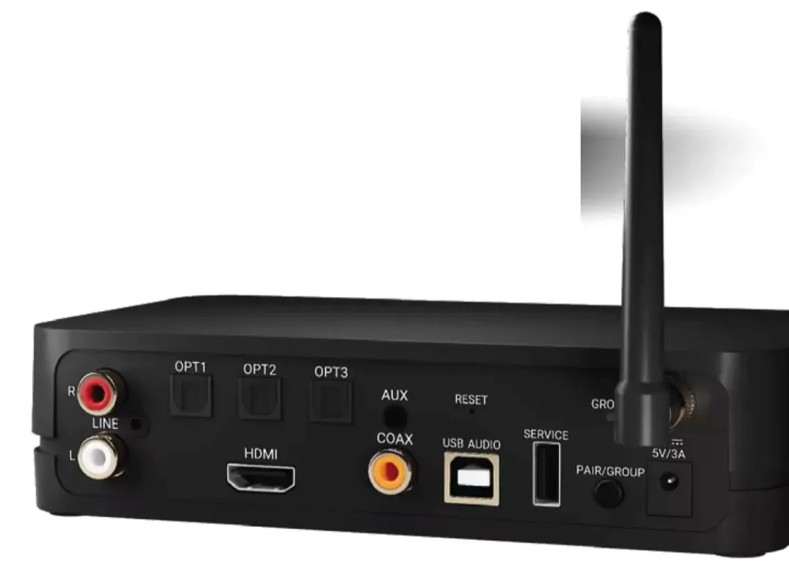 VERSATILE CONNECTIONS: Via USB-B, Toslink, or Coax, signals up to 24-bit / 192 kHz can enter; HDMI and analog RCA and 3.5 mm jack are also available.