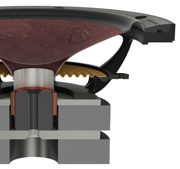 A cross-section of the bass driver clearly shows the dual-magnet motor.